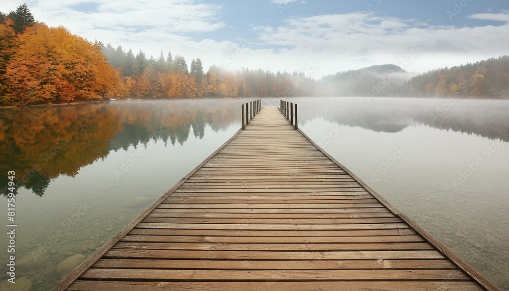 Serenity in the Mist: Wooden Jetty Bridge at a Foggy Autumn Lake Serenity in the Mist: Wooden Jetty Bridge at a Foggy Autumn Lake