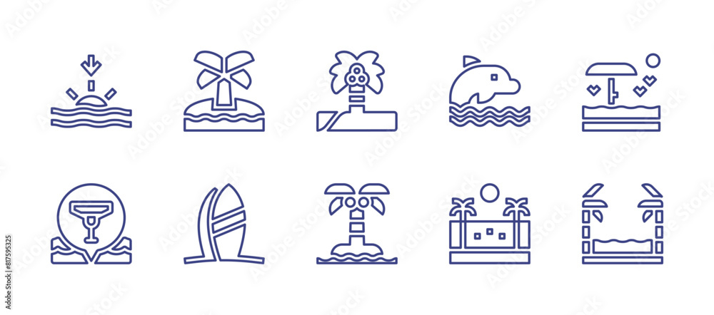 Beach line icon set. Editable stroke. Vector illustration. Containing beach, sunset, surfing, location, ocean, dolphin, island, palmtree.
