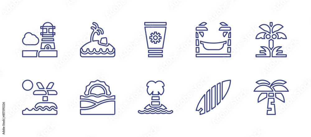 Beach line icon set. Editable stroke. Vector illustration. Containing beach, island, surf, suncream, palmtree, hammock, lighthouse, coconuttree.