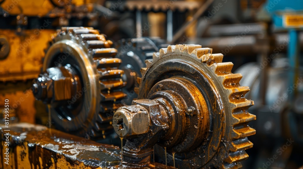 Detailed imagery of two gears, oily and operational, demonstrating their integral role in the systematic functioning of machinery Detailed imagery of two gears, oily and operational, demonstrating their integral role in the systematic functioning of machinery
