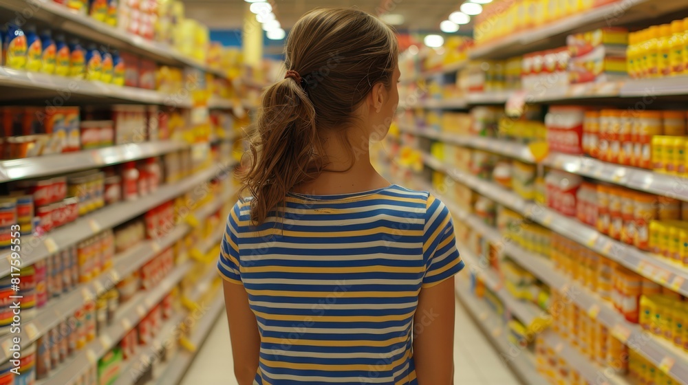  A young girl stands in a grocery store aisle, gazing at one aisle