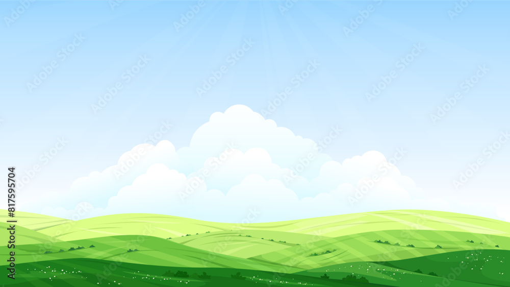 Spring landscape with green hills, meadows and pastures. Blue sky and clouds in the background. Design for poster, background, wallpaper, invitation. Vector illustration.