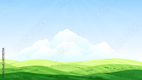 Spring landscape with green hills  meadows and pastures. Blue sky and clouds in the background. Design for poster  background  wallpaper  invitation. Vector illustration.