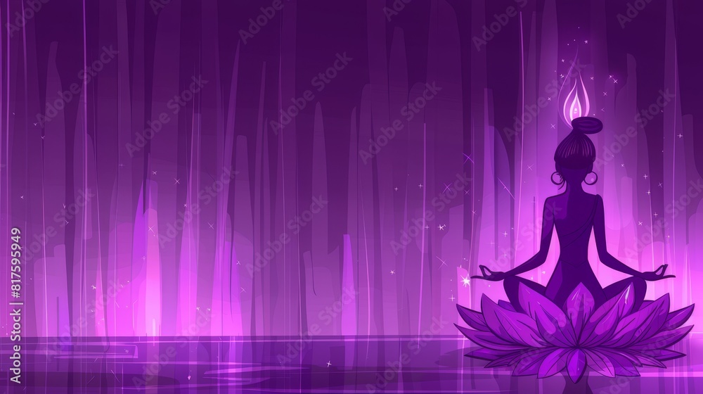 A woman in lotus position, hands raised above head, eyes shut before a purple backdrop A woman in lotus position, hands raised above head, eyes shut before a purple backdrop