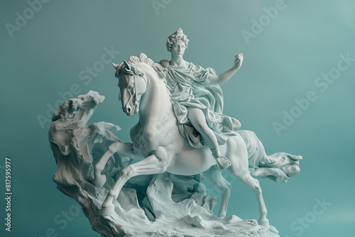 3d rendering of ancient greek -roman statue riding horse . Creative concept colorful neon image with teal- light blue color background  fashionable  trendy  isolated background