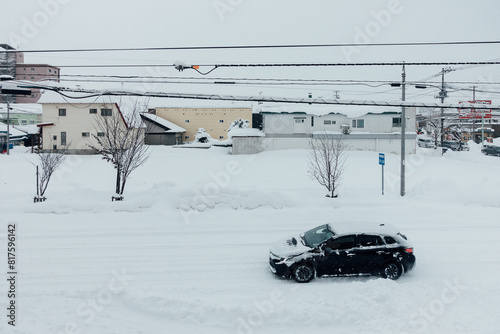Snow-covered road in Asahikawa, Hokkaido, Japan
