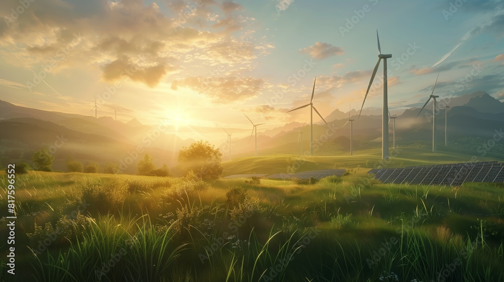 Obraz premium Wind turbines, solar panels in a stunning landscape symbolize clean energy advances.