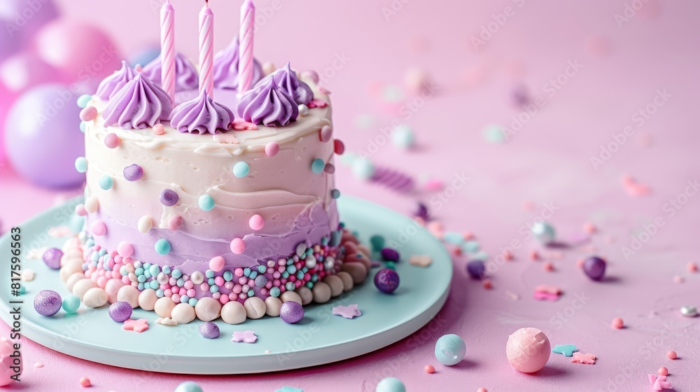 A birthday cake, decorated with purple frosting and sprinkles, sits on a plate Surrounding it are balloons and a scattering of confetti A birthday cake, decorated with purple frosting and sprinkles, sits on a plate Surrounding it are balloons and a scattering of confetti