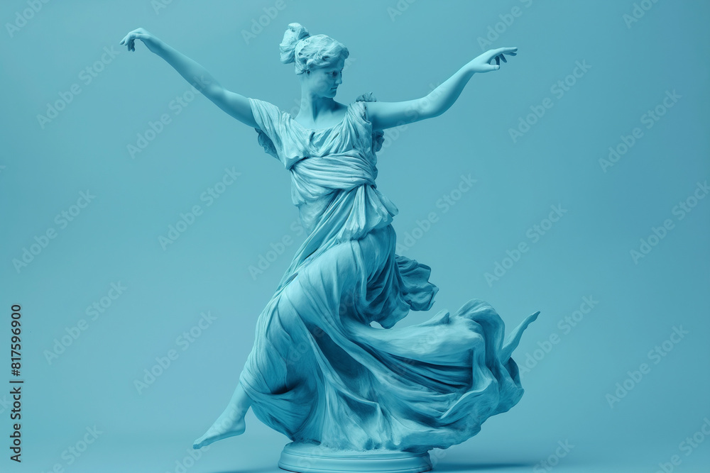 Obraz premium 3d rendering of ancient greek -roman statue Dance performance . Creative concept colorful neon image with teal- light blue color background, fashionable, trendy ,isolated background