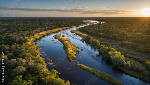 A winding river cuts through the savannah in a serene  scenic  and natural landscape