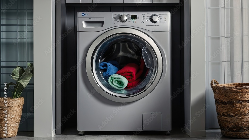 A washing machine door slightly ajar revealing a load of colorful clothes A washing machine door slightly ajar revealing a load of colorful clothes
