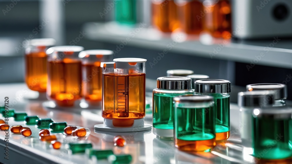Array of pharmaceutical capsules in a laboratory with scientific equipment Array of pharmaceutical capsules in a laboratory with scientific equipment