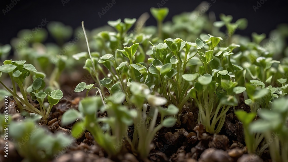Close up of buckwheat sprouts in soil, capturing their detailed growth and lush greenery Close up of buckwheat sprouts in soil, capturing their detailed growth and lush greenery