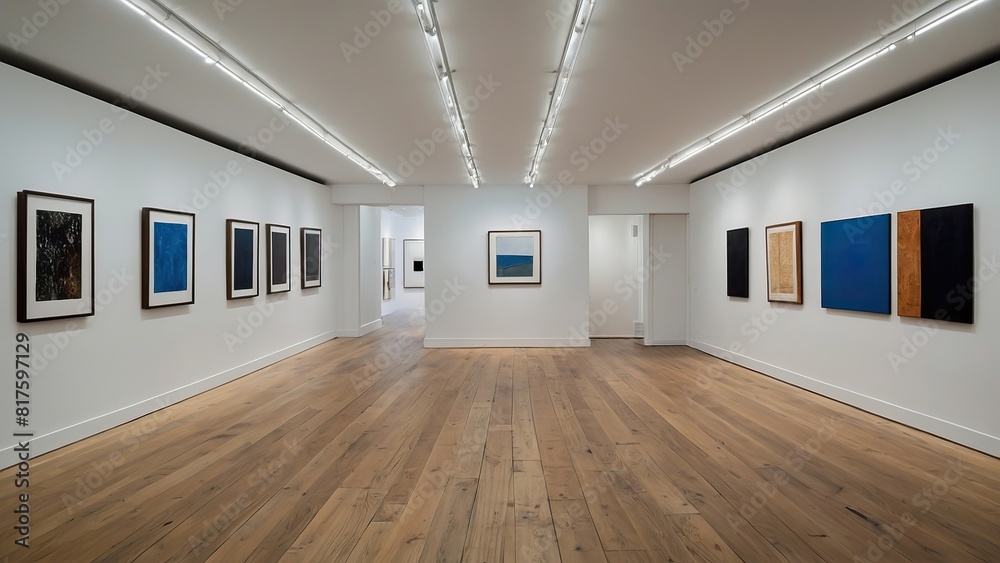 Fototapeta premium Modern gallery space with white walls, hardwood floors, and framed artworks on display