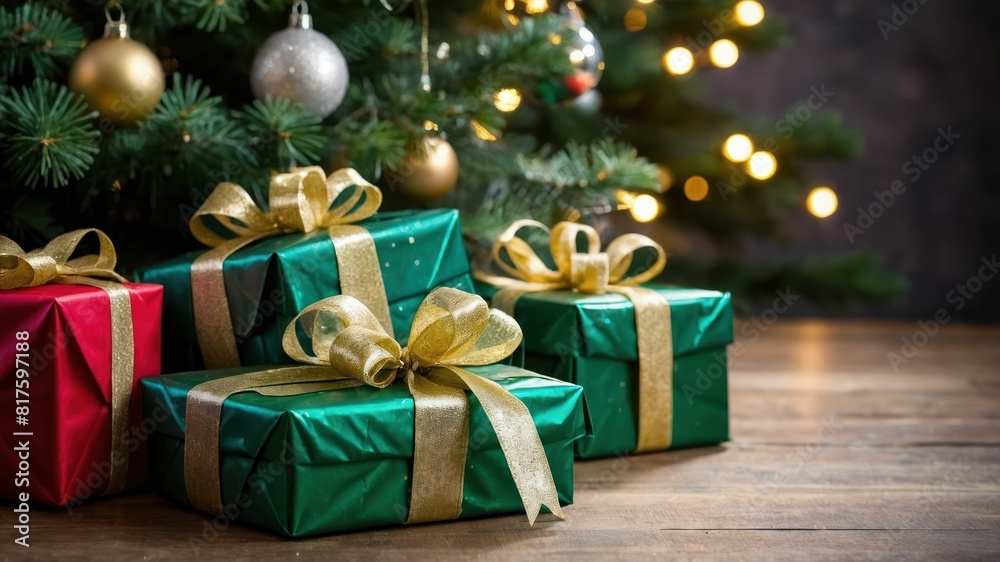 Green and gold wrapped gifts by a decorated Christmas tree, perfect for festive holiday designs Green and gold wrapped gifts by a decorated Christmas tree, perfect for festive holiday designs