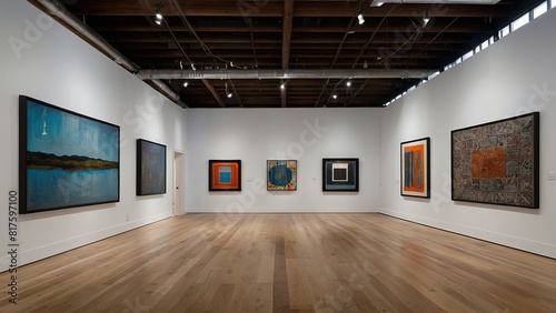 An expansive gallery room with white walls and sleek wooden flooring