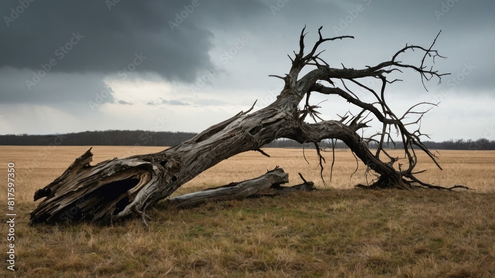 A dead tree with twisted branches and rough bark stands alone in a dry, open landscape