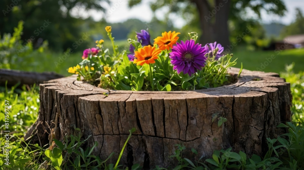 A hollowed out tree stump serves as a makeshift planter filled with colorful flowers A hollowed out tree stump serves as a makeshift planter filled with colorful flowers