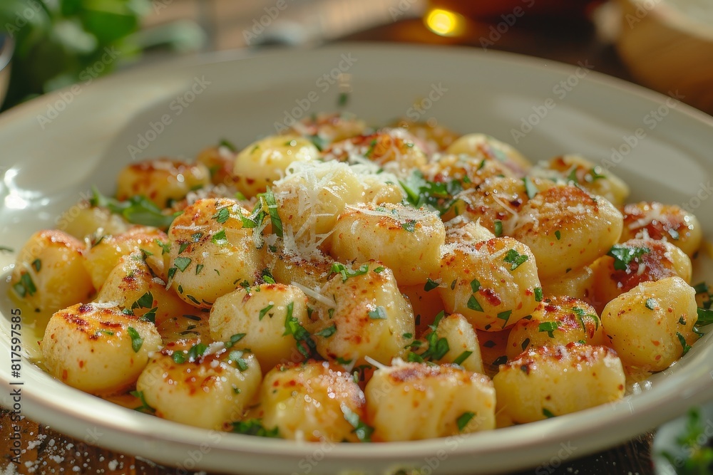 Gnocchi: A plate of potato gnocchi with a creamy sauce or a light tomato sauce, garnished with grated Parmesan and fresh herbs. Gnocchi: A plate of potato gnocchi with a creamy sauce or a light tomato sauce, garnished with grated Parmesan and fresh herbs.