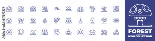Forest line icon collection. Editable stroke. Vector illustration. Containing forestfire, forest, pineforest, trees, nature, fungus, lake, thunder, pine, camping, wood, tree. photo