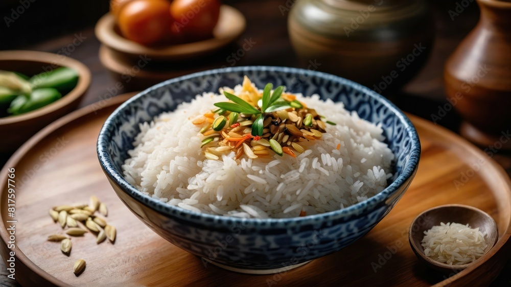 A steaming bowl of fragrant jasmine rice garnished with fresh greens A steaming bowl of fragrant jasmine rice garnished with fresh greens