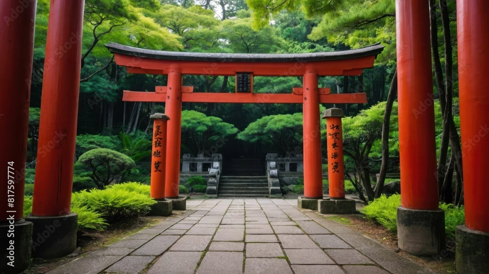 A majestic torii gate standing tall at the entrance to a serene, lush Japanese garden A majestic torii gate standing tall at the entrance to a serene, lush Japanese garden