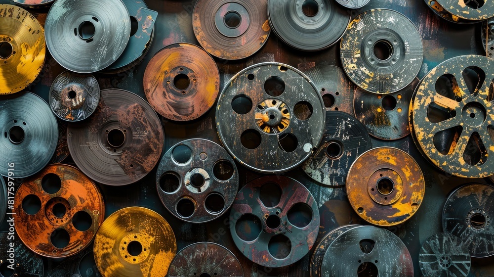 Fototapeta premium Film reels in close-up, emphasizing their intricate design and function, a visual tribute for a Film Festival, isolated setting