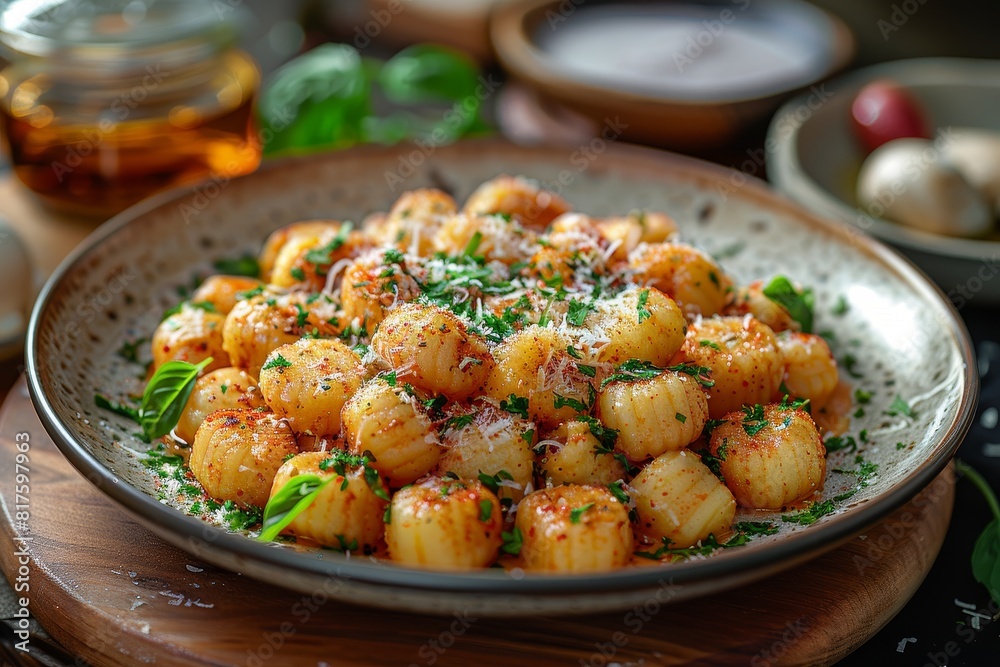 Gnocchi: A plate of potato gnocchi with a creamy sauce or a light tomato sauce, garnished with grated Parmesan and fresh herbs. Gnocchi: A plate of potato gnocchi with a creamy sauce or a light tomato sauce, garnished with grated Parmesan and fresh herbs.
