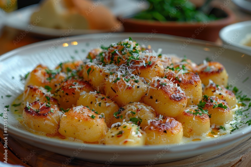 Gnocchi: A plate of potato gnocchi with a creamy sauce or a light tomato sauce, garnished with grated Parmesan and fresh herbs. Gnocchi: A plate of potato gnocchi with a creamy sauce or a light tomato sauce, garnished with grated Parmesan and fresh herbs.