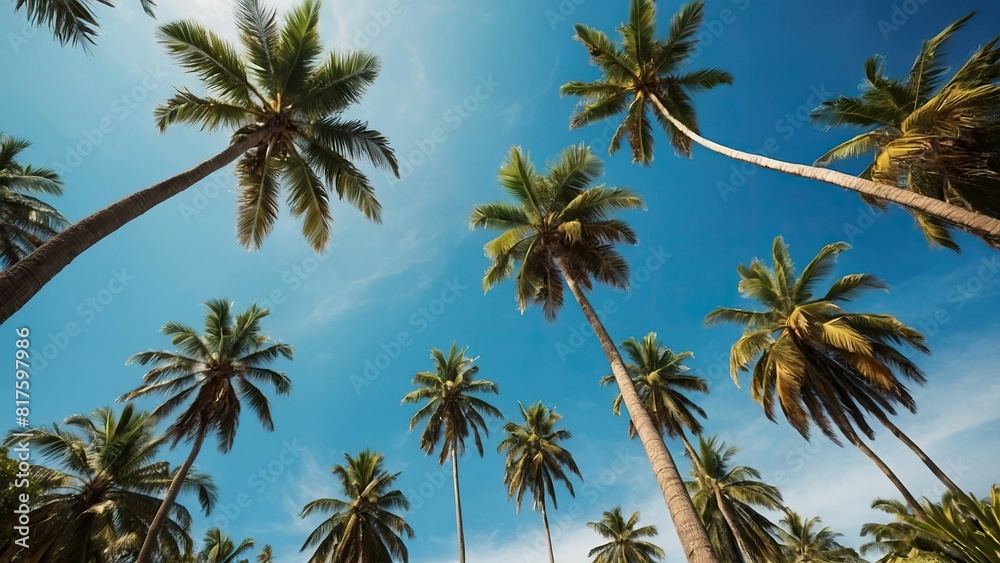 Upward view of palm trees against a serene blue sky with clouds Upward view of palm trees against a serene blue sky with clouds