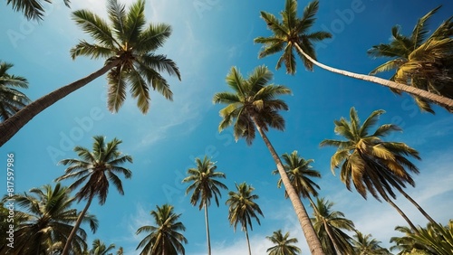 Upward view of palm trees against a serene blue sky with clouds
