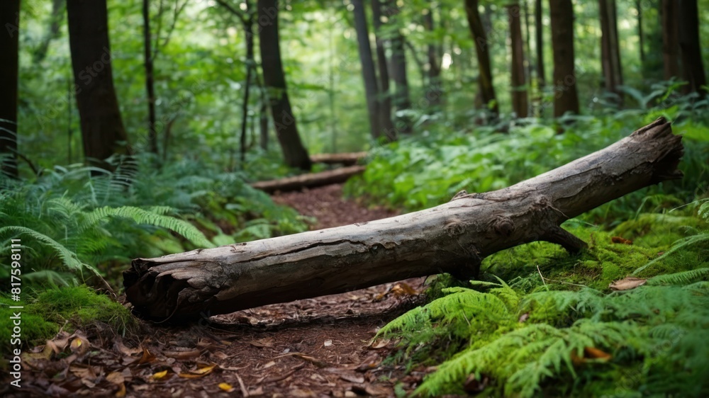 A fallen branch lies across a woodland path adding a natural touch to the misty forest A fallen branch lies across a woodland path adding a natural touch to the misty forest