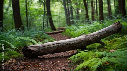 A fallen branch lies across a woodland path adding a natural touch to the misty forest