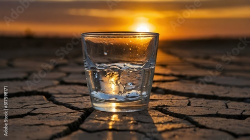 A glass of water placed on cracked and parched ground at sunset, symbolizing drought photo