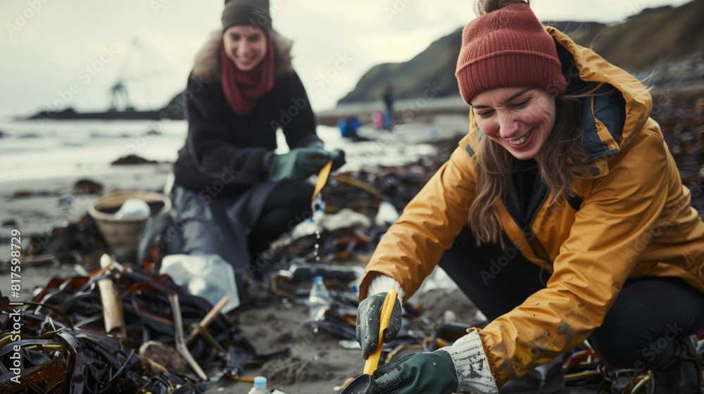 Two happy young women, laughing, are cleaning up garbage on the beach. Pollution of ocean beaches with plastic garbage, bottles