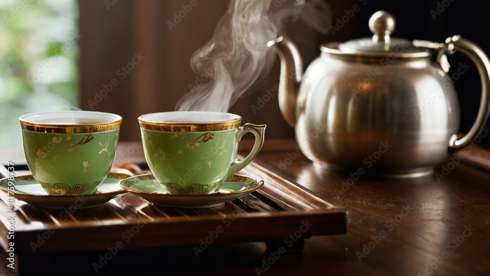 A pot of aromatic jasmine tea with flowers, next to a teacup on a wooden tray. A pot of aromatic jasmine tea with flowers, next to a teacup on a wooden tray.