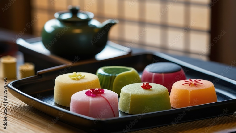 A colorful display of Japanese wagashi sweets arranged on a tray A colorful display of Japanese wagashi sweets arranged on a tray