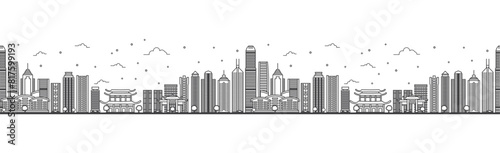 Seamless pattern with outline Hong Kong China City Skyline. Modern Buildings Isolated on White. Hong Kong Cityscape with Landmarks.