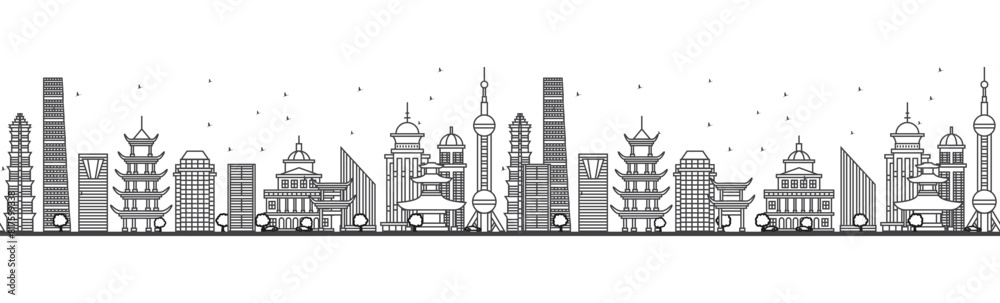 Seamless pattern with outline Shanghai China city Skyline. Modern Buildings. Shanghai cityscape with landmarks.