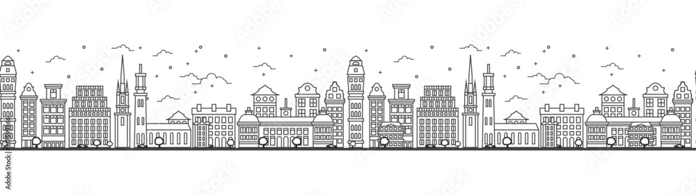 Seamless pattern with outline Stockholm Sweden City Skyline. Historic Buildings Isolated on White. Stockholm Cityscape with Landmarks.