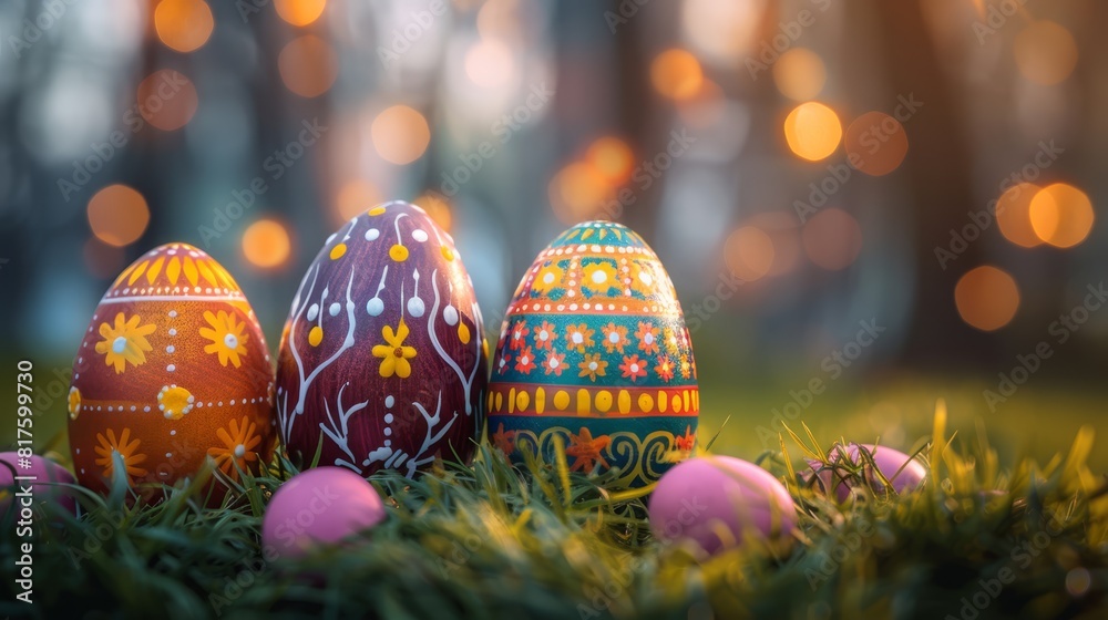A cluster of painted eggs atop a verdant grassy expanse, adjacent to a grove of trees A cluster of painted eggs atop a verdant grassy expanse, adjacent to a grove of trees