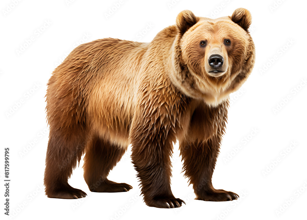 Fototapeta premium Brown bear walking in search of food isolated on cut out PNG or transparent background. Brown bears' favorite foods are salmon and trout. Realistic animal clipart template pattern.