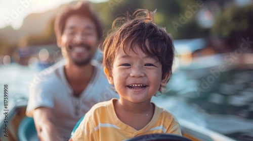 A child joyfully steering a small boat, with a parent guiding them