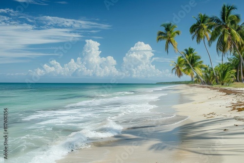 A scenic view of a deserted beach with palm trees and gentle waves