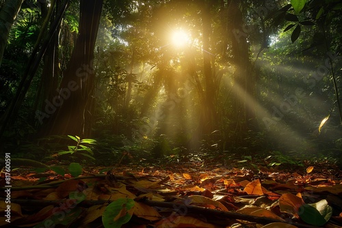Sunbeams piercing through the canopy of a dense forest  illuminating the mist and the carpet of fallen leaves below. 32k  full ultra HD  high resolution