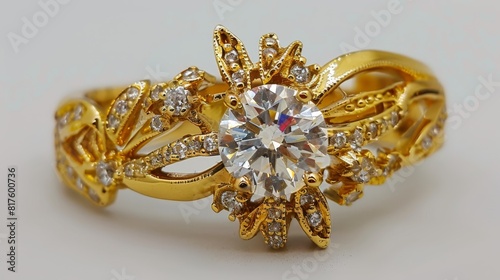  A detailed view of a gold ring featuring a diamonds at its core, encircled by an ornamental flower design on the exterior