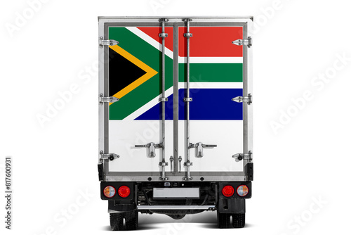 A truck with the national flag of   South Africa depicted on the tailgate drives against a white background. Concept of export-import, transportation, national delivery of goods