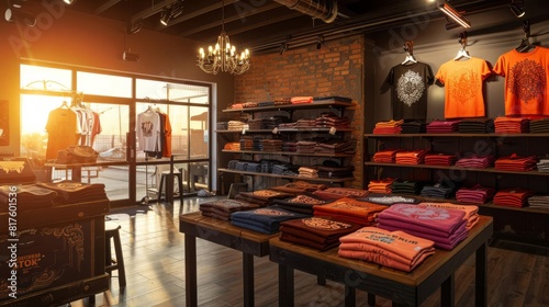 Cozy boutique clothing store interior with vibrant graphic tees neatly folded on tables