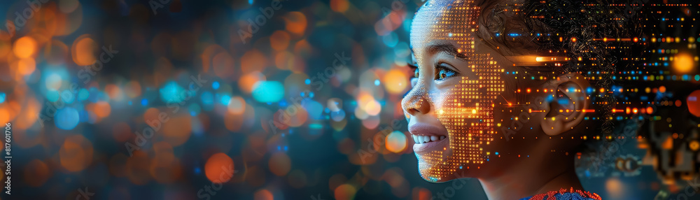 Digital text turning into pixel child smiling face, Digital text turning into pixel child smiling face,