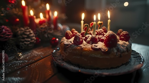 A close-up view of a cake featuring candles in the shape of the number  27   with each candle emitting a soft glow against the dark background